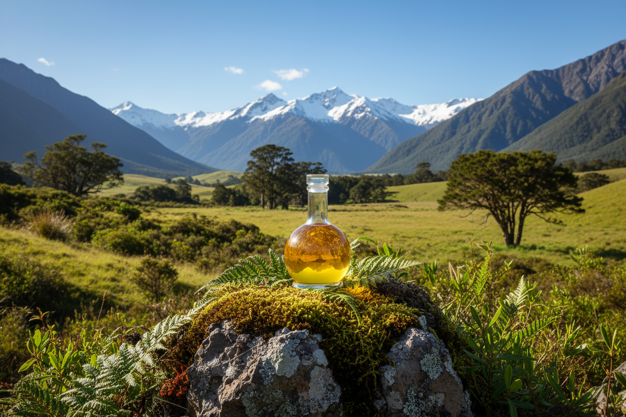 new zealand nature with a bottle of golden oil 